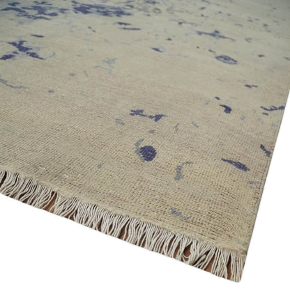 8x10 Beige, Blue and Silver Antique Style, Abstract Hand Knotted Low pile Wool Area Rug - Tampa Home & Garden Store