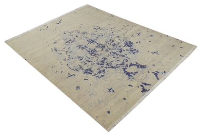 8x10 Beige, Blue and Silver Antique Style, Abstract Hand Knotted Low pile Wool Area Rug - Tampa Home & Garden Store