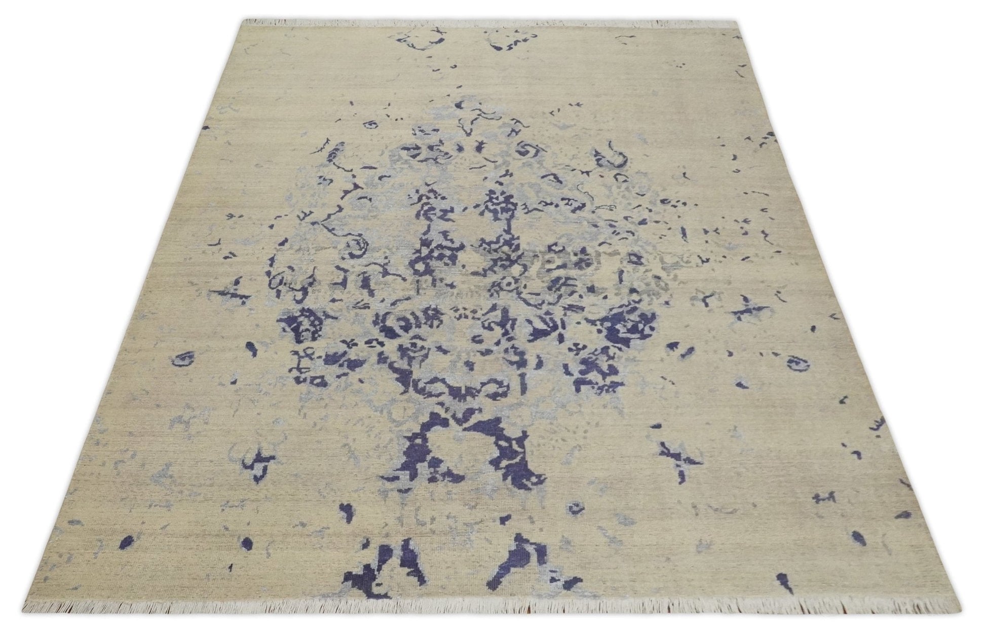 8x10 Beige, Blue and Silver Antique Style, Abstract Hand Knotted Low pile Wool Area Rug - Tampa Home & Garden Store