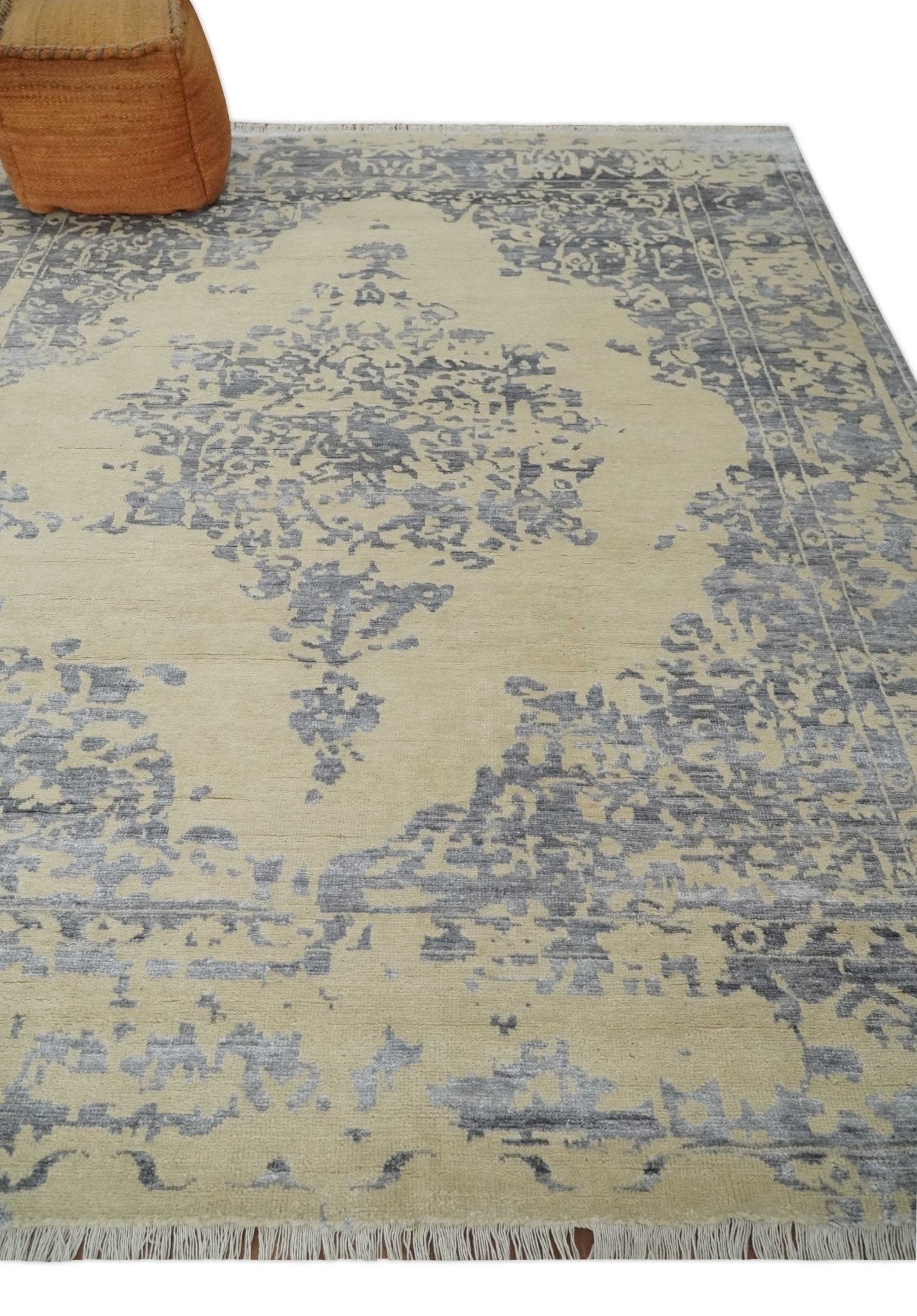 8x10 Beige, Charcoal and Silver Traditional Medallion Hand Knotted Wool and Bamboo Silk Area Rug - Tampa Home & Garden Store