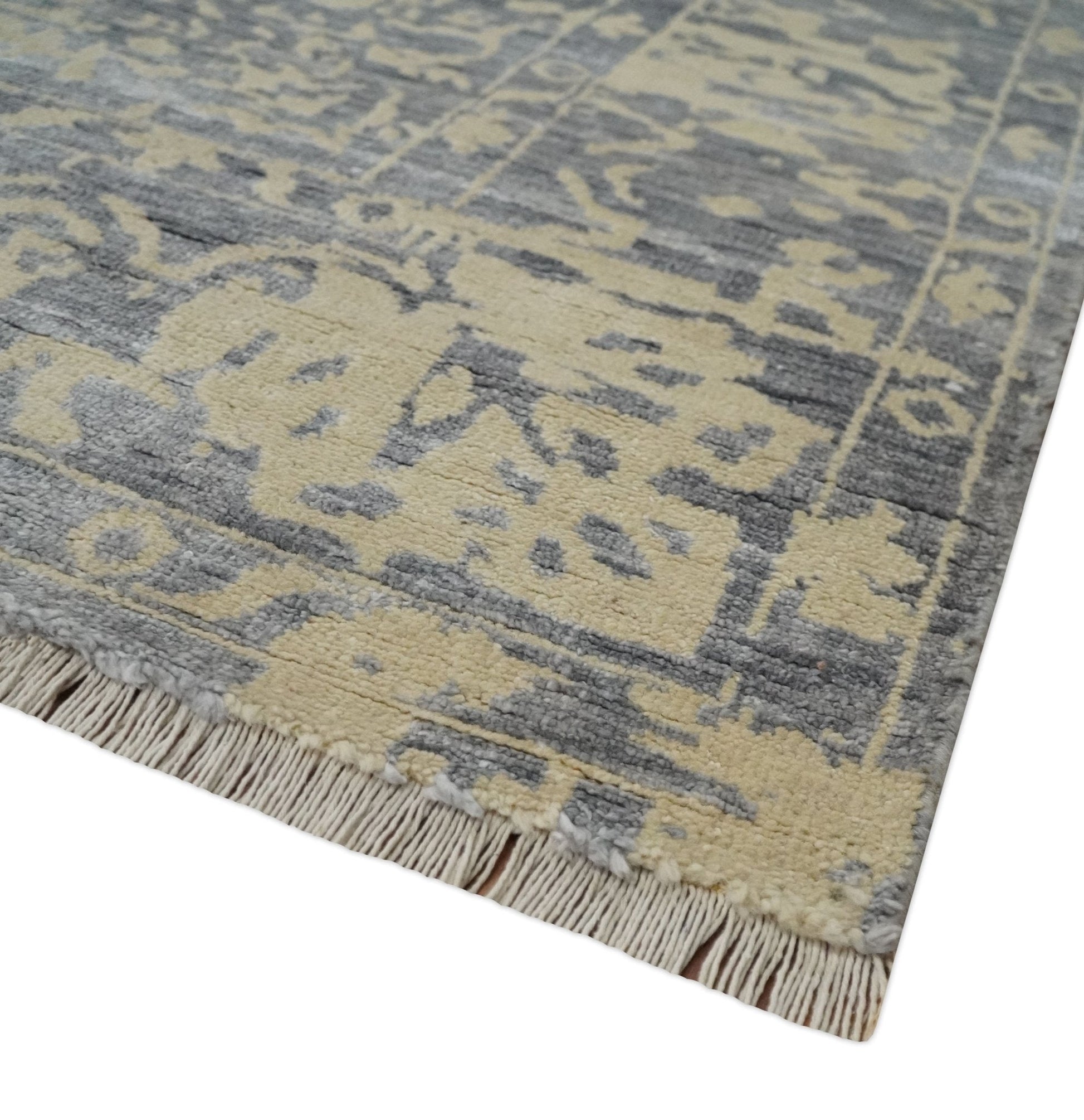 8x10 Beige, Charcoal and Silver Traditional Medallion Hand Knotted Wool and Bamboo Silk Area Rug - Tampa Home & Garden Store