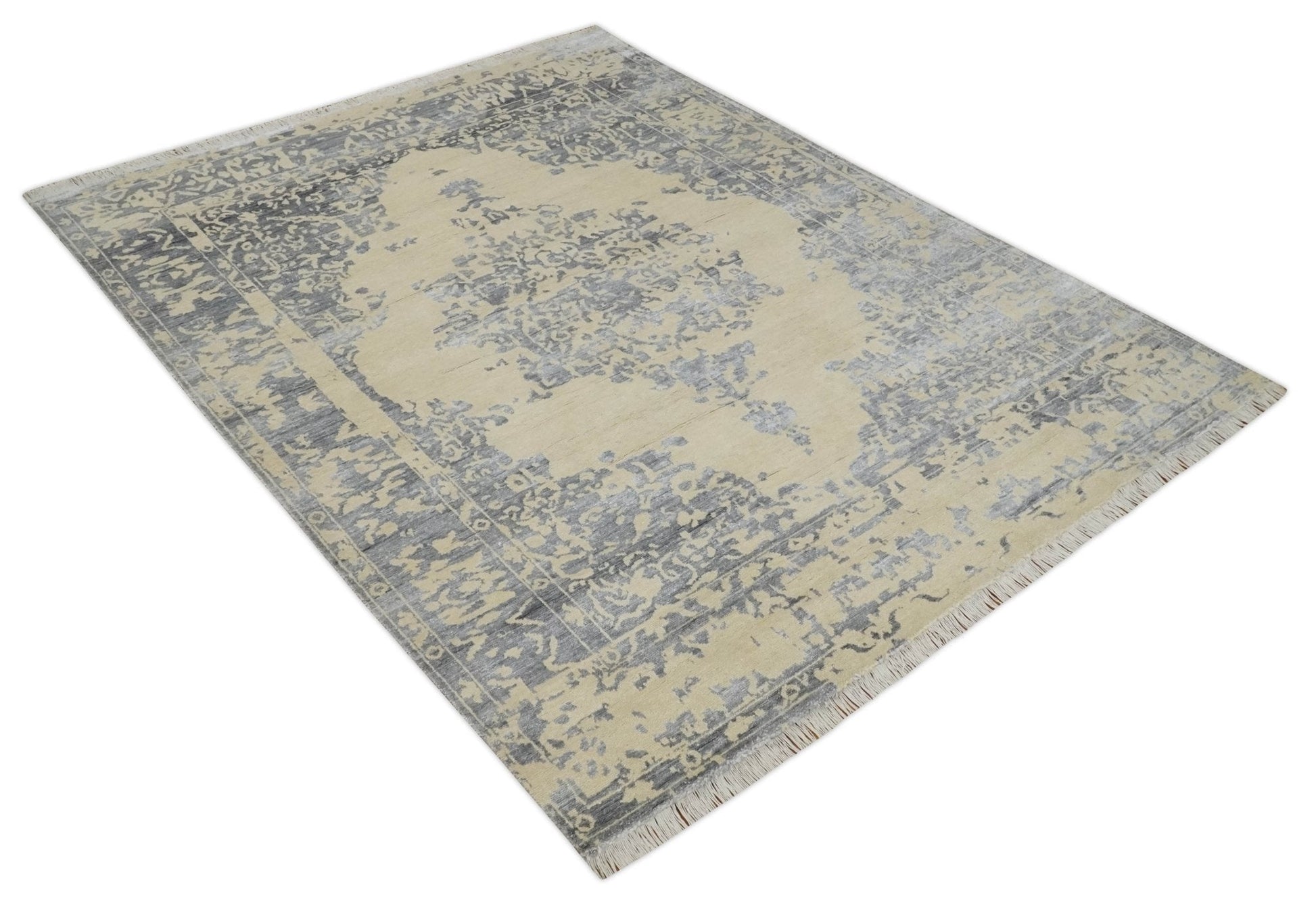 8x10 Beige, Charcoal and Silver Traditional Medallion Hand Knotted Wool and Bamboo Silk Area Rug - Tampa Home & Garden Store