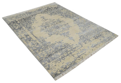 8x10 Beige, Charcoal and Silver Traditional Medallion Hand Knotted Wool and Bamboo Silk Area Rug - Tampa Home & Garden Store