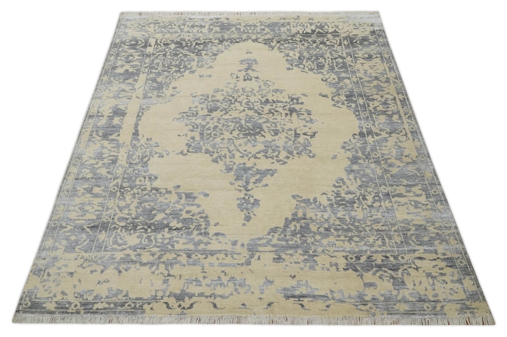 8x10 Beige, Charcoal and Silver Traditional Medallion Hand Knotted Wool and Bamboo Silk Area Rug - Tampa Home & Garden Store