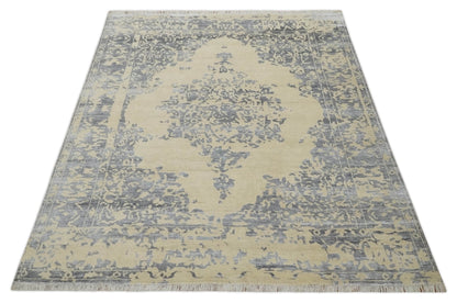 8x10 Beige, Charcoal and Silver Traditional Medallion Hand Knotted Wool and Bamboo Silk Area Rug - Tampa Home & Garden Store
