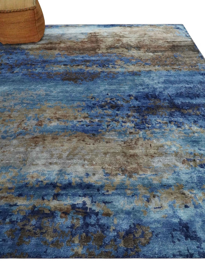 8x10 Blue, Beige and Brown Modern Abstract Hand Knotted wool and bamboo Silk Area Rug - Tampa Home & Garden Store