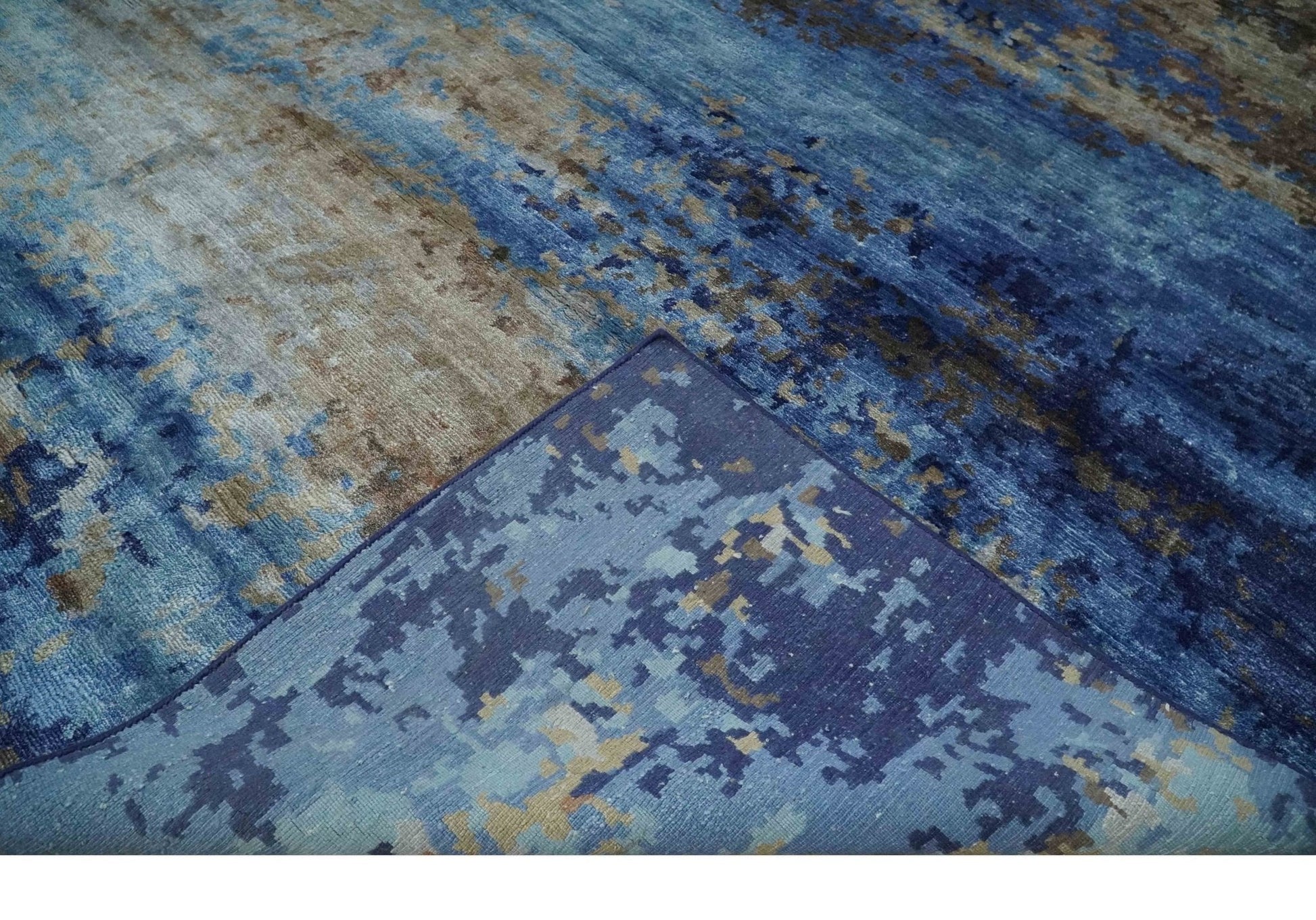 8x10 Blue, Beige and Brown Modern Abstract Hand Knotted wool and bamboo Silk Area Rug - Tampa Home & Garden Store