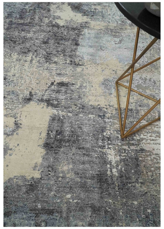 8x10 Charcoal, Beige and Gray Modern Abstract Distressed Finish High Low texture Hand Knotted Rug - Tampa Home & Garden Store