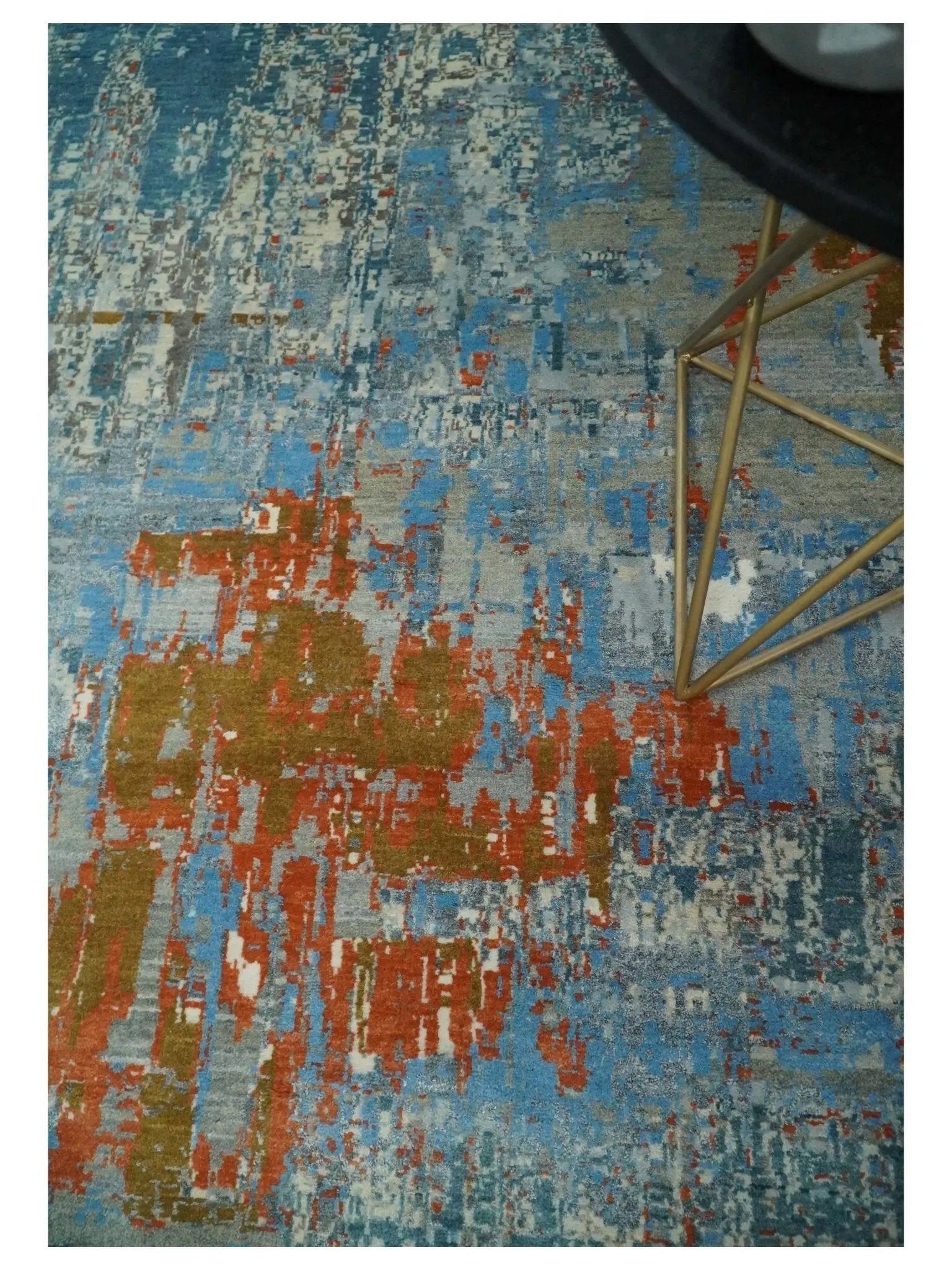 Beige and blue hand-knotted wool and silk area rug by The Rug Decor on Tampa Home & Garden Store