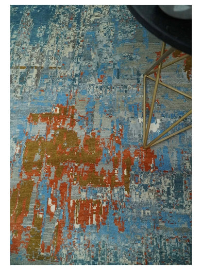 Beige and blue hand-knotted wool and silk area rug by The Rug Decor on Tampa Home & Garden Store