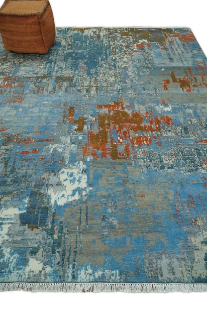 Area rug beige and blue hand knotted wool and silk with pattern and fringe on Tampa Home & Garden Store