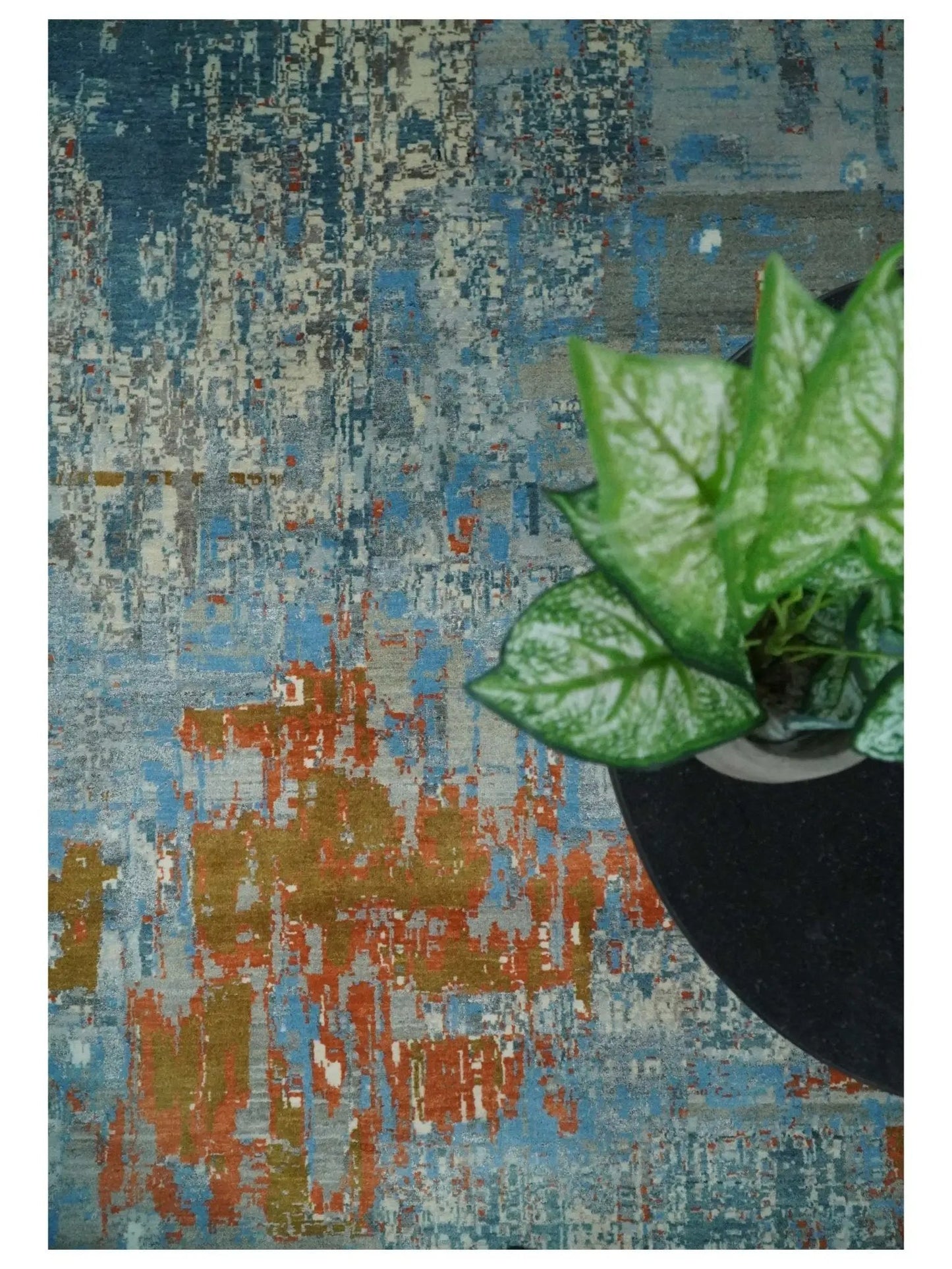 Beige and blue hand-knotted wool and silk area rug with abstract pattern by The Rug Decor on Tampa Home & Garden Store