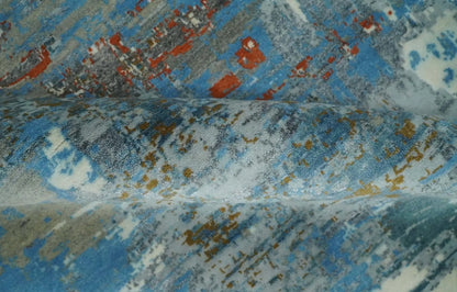 Beige and blue hand knotted wool and silk area rug with abstract pattern The Rug Decor on Tampa Home & Garden Store