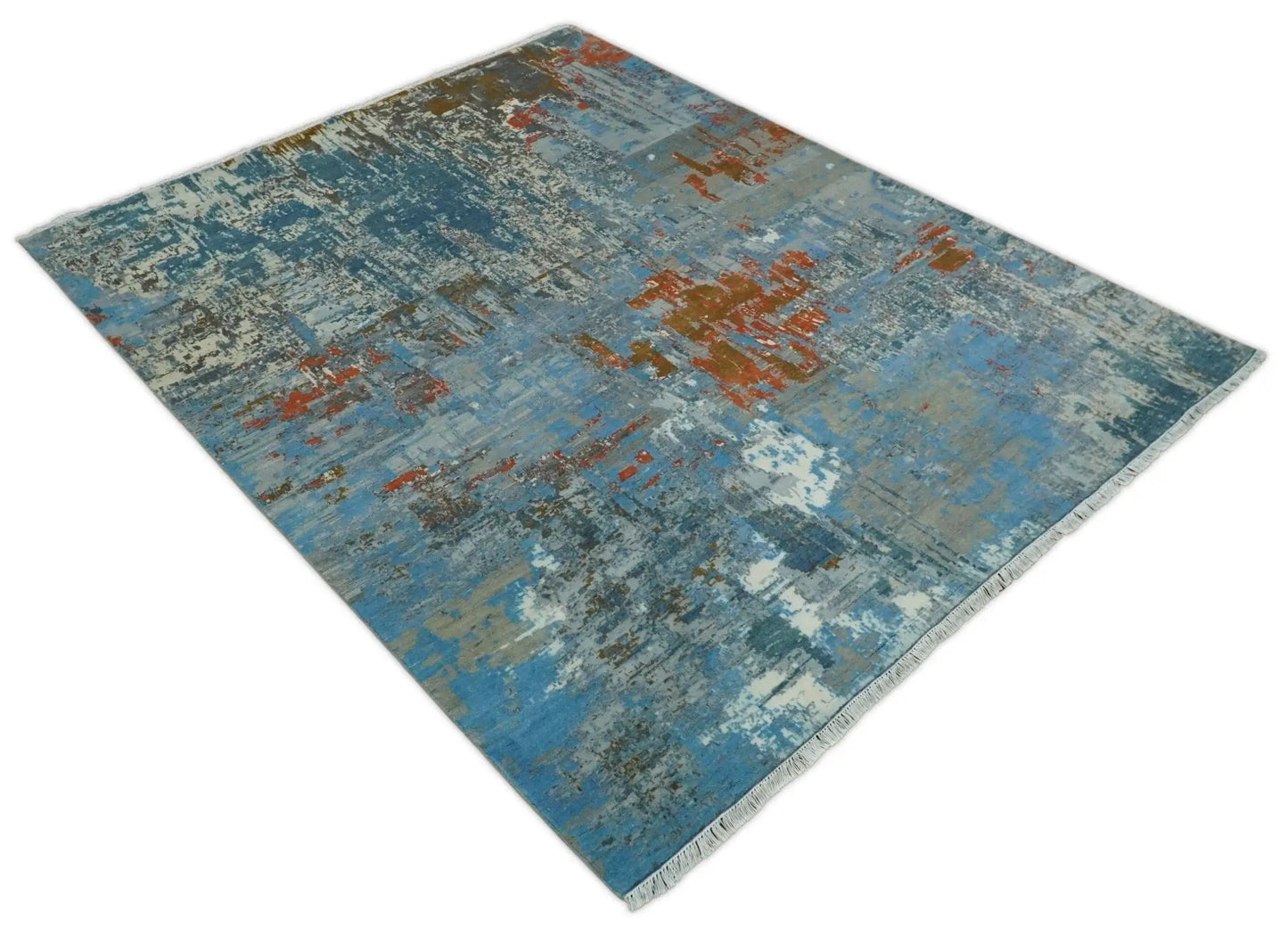 Beige and Blue Hand Knotted Wool and Silk Area Rug with abstract pattern on Tampa Home & Garden Store