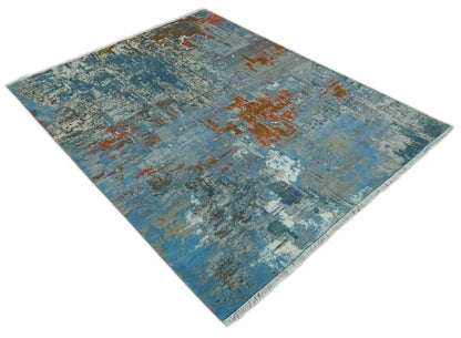 Beige and Blue Hand Knotted Wool and Silk Area Rug with abstract pattern on Tampa Home & Garden Store