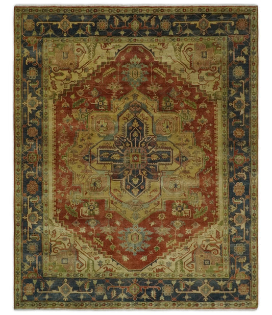 8x10 Gold, Rust and Charcoal Heriz Serapi Traditional Vintage Turkish Style Antique Look Hand Knotted Wool Area Rug | N361810 - Tampa Home & Garden Store