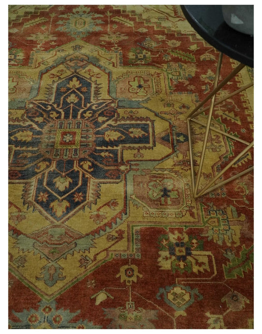 8x10 Gold, Rust and Charcoal Heriz Serapi Traditional Vintage Turkish Style Antique Look Hand Knotted Wool Area Rug | N361810 - Tampa Home & Garden Store