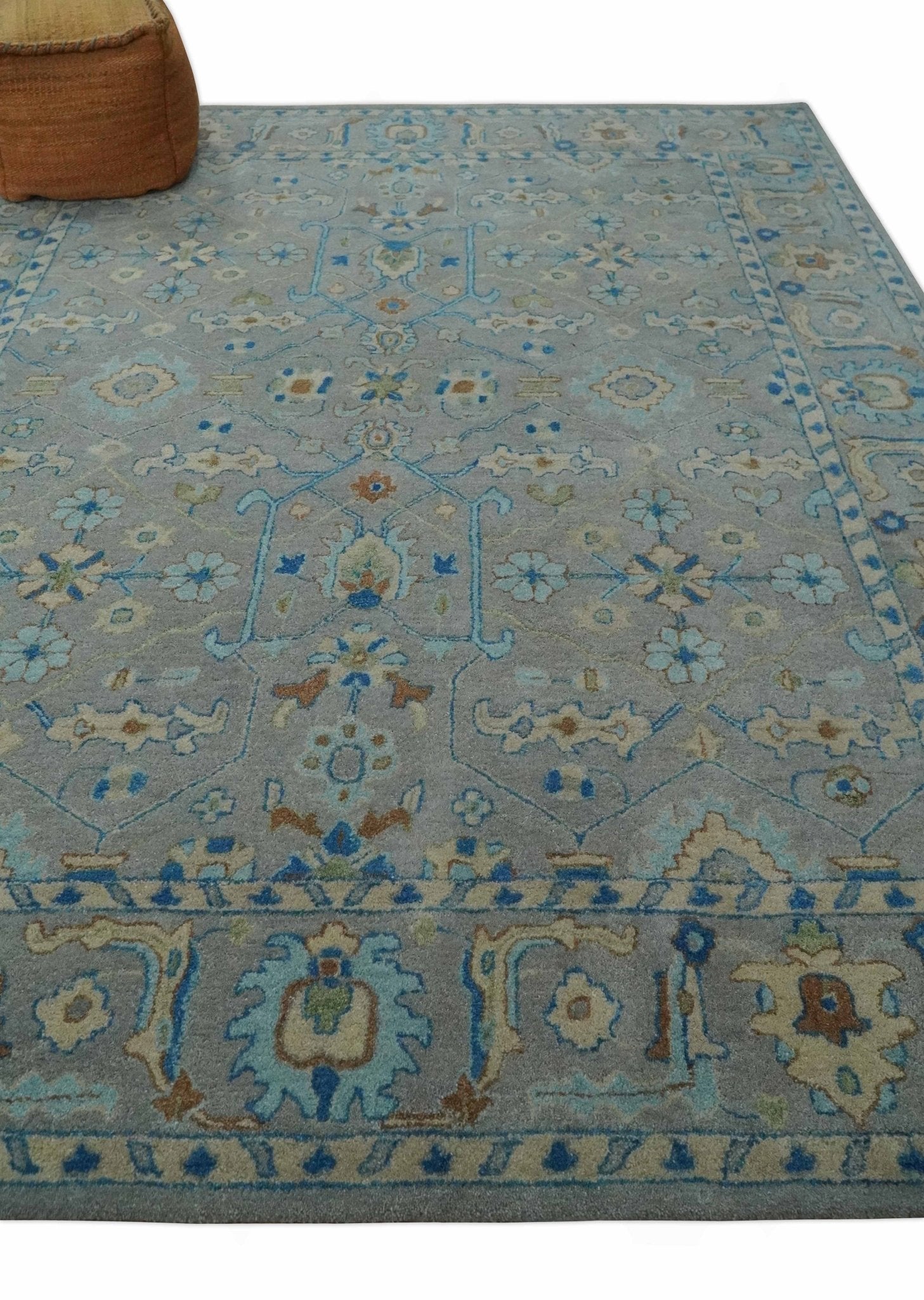 8x10 Hand Tufted Gray, Beige and Accent Blue Traditional Herati Design Wool Rug - Tampa Home & Garden Store