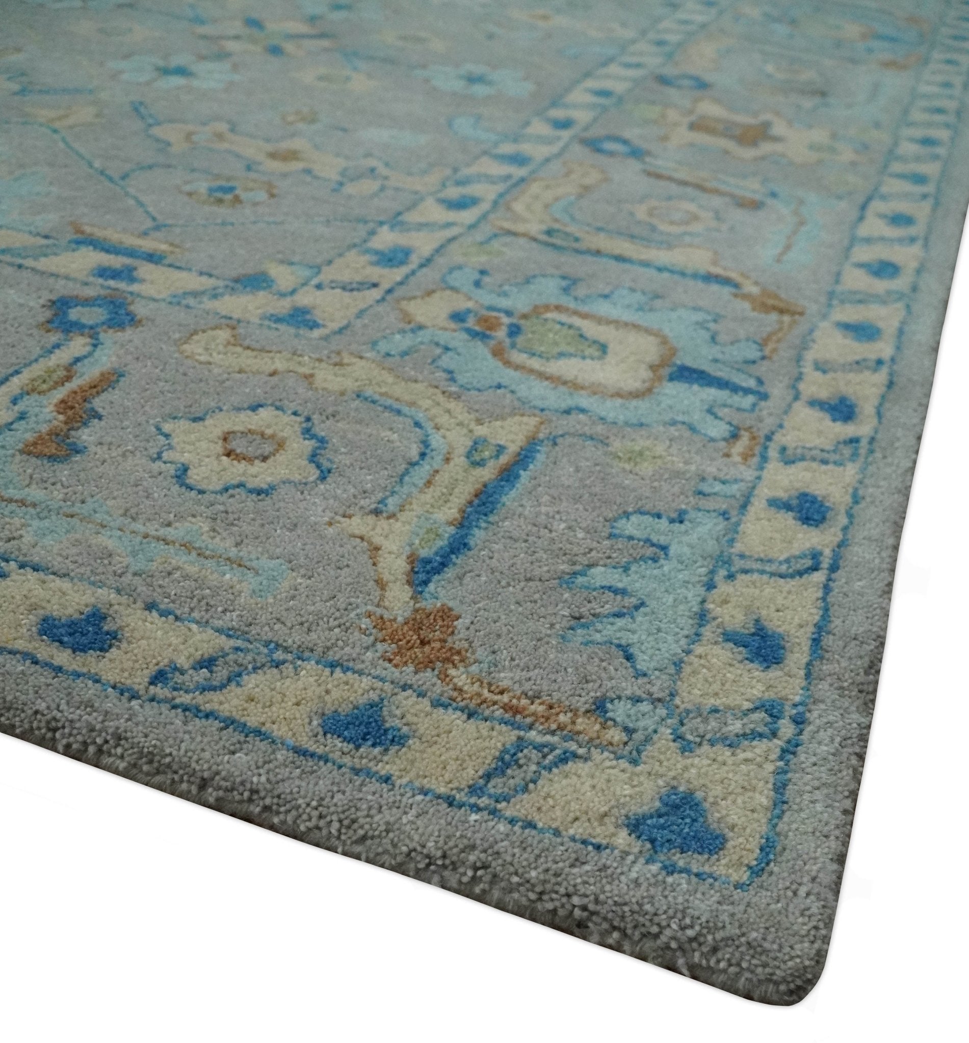 8x10 Hand Tufted Gray, Beige and Accent Blue Traditional Herati Design Wool Rug - Tampa Home & Garden Store