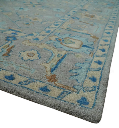8x10 Hand Tufted Gray, Beige and Accent Blue Traditional Herati Design Wool Rug - Tampa Home & Garden Store