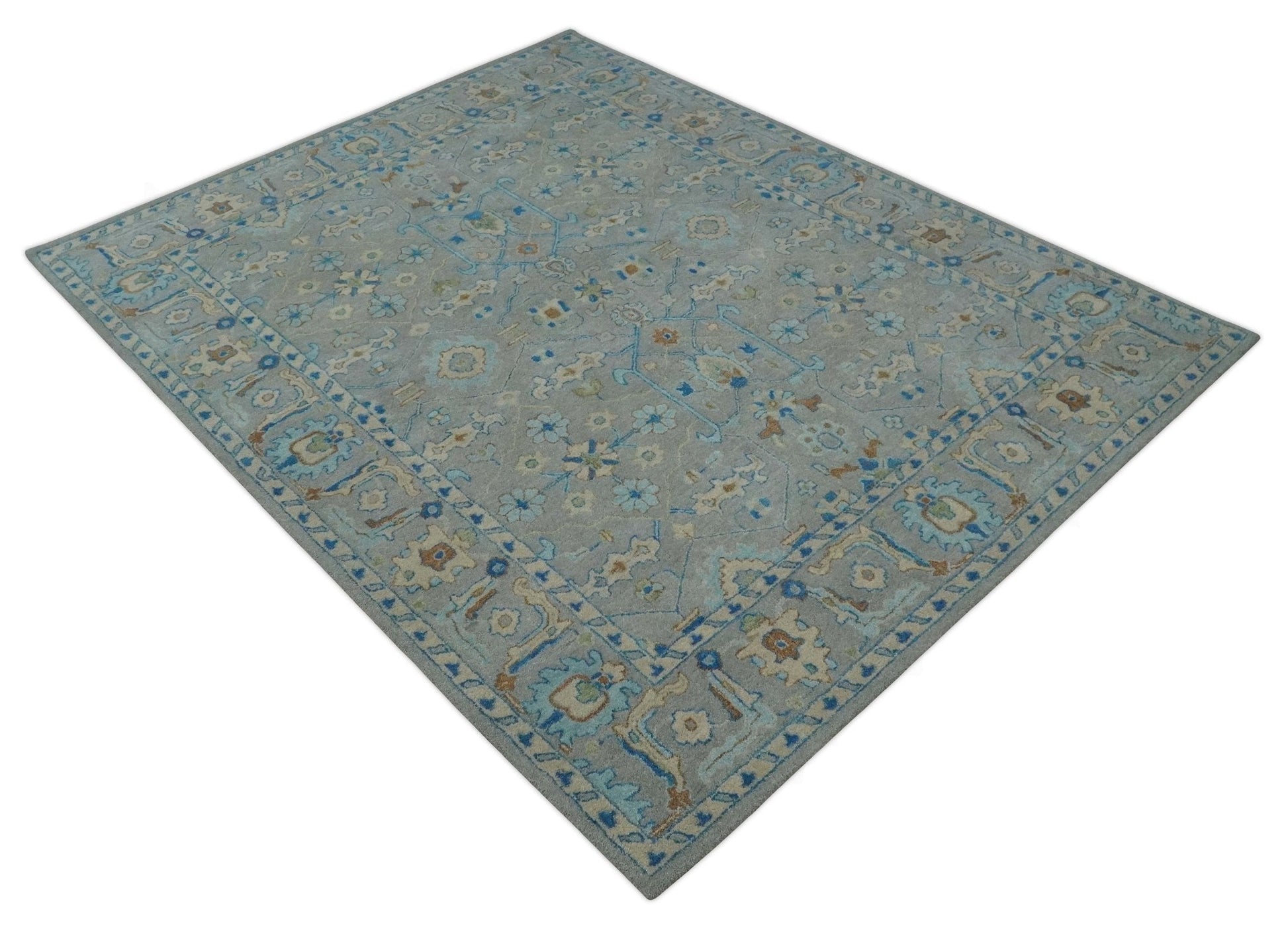 8x10 Hand Tufted Gray, Beige and Accent Blue Traditional Herati Design Wool Rug - Tampa Home & Garden Store