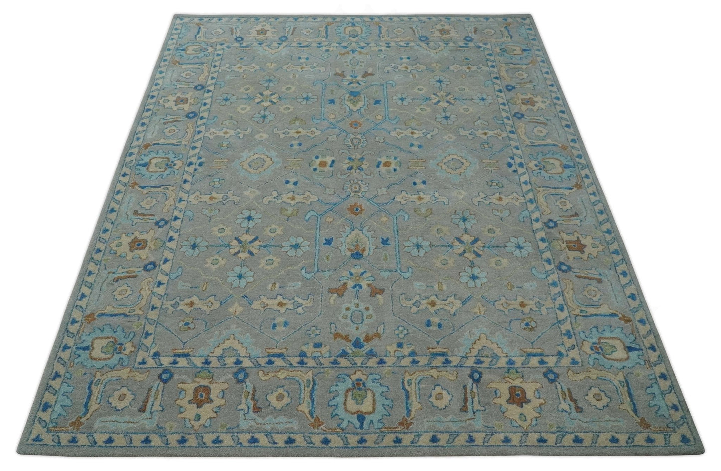 8x10 Hand Tufted Gray, Beige and Accent Blue Traditional Herati Design Wool Rug - Tampa Home & Garden Store