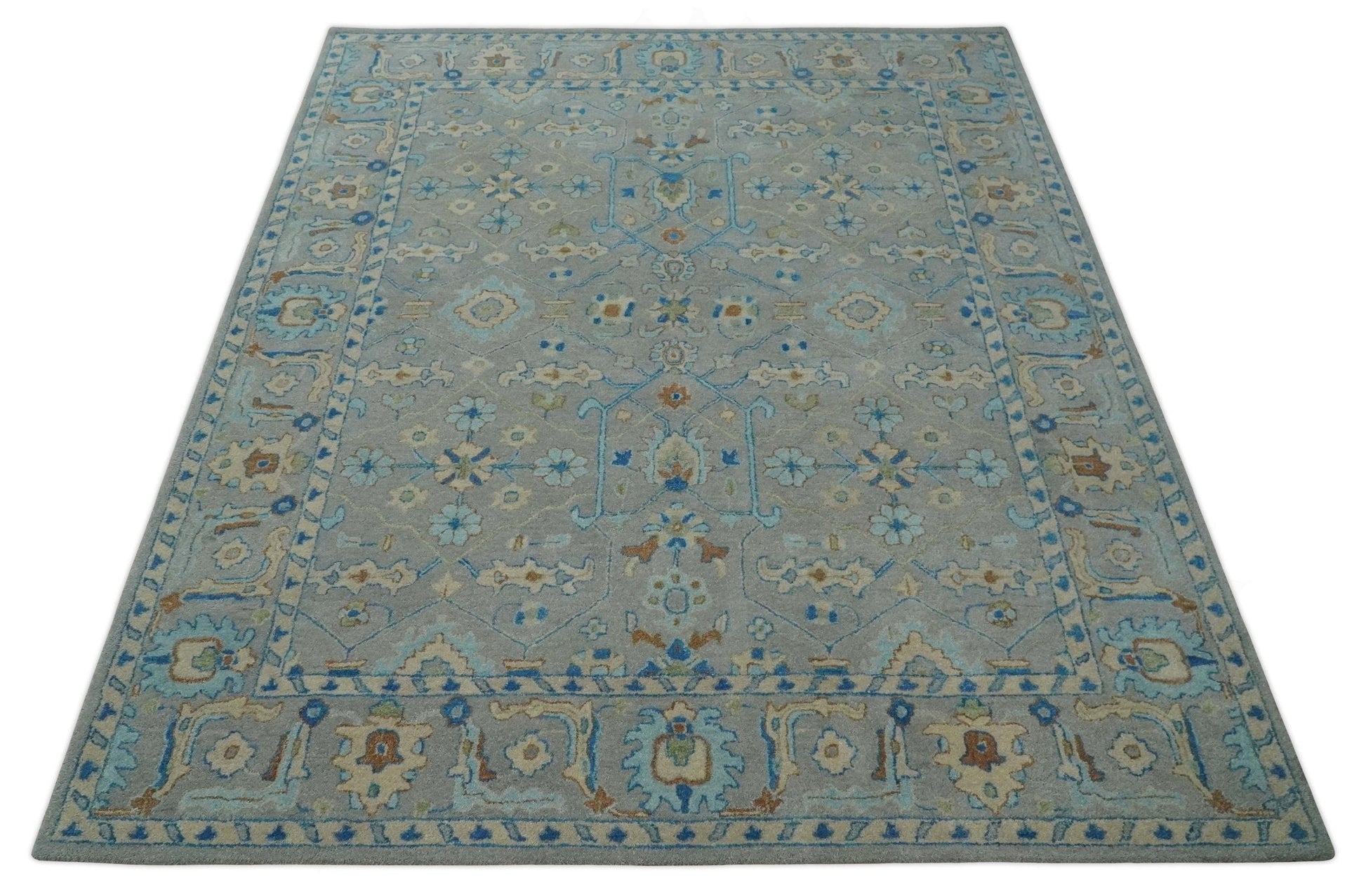 8x10 Hand Tufted Gray, Beige and Accent Blue Traditional Herati Design Wool Rug - Tampa Home & Garden Store