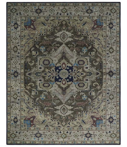 Alfombra tradicional de lana con medallón de 8 x 10 pulgadas, estilo antiguo, en marrón, beige y azul
