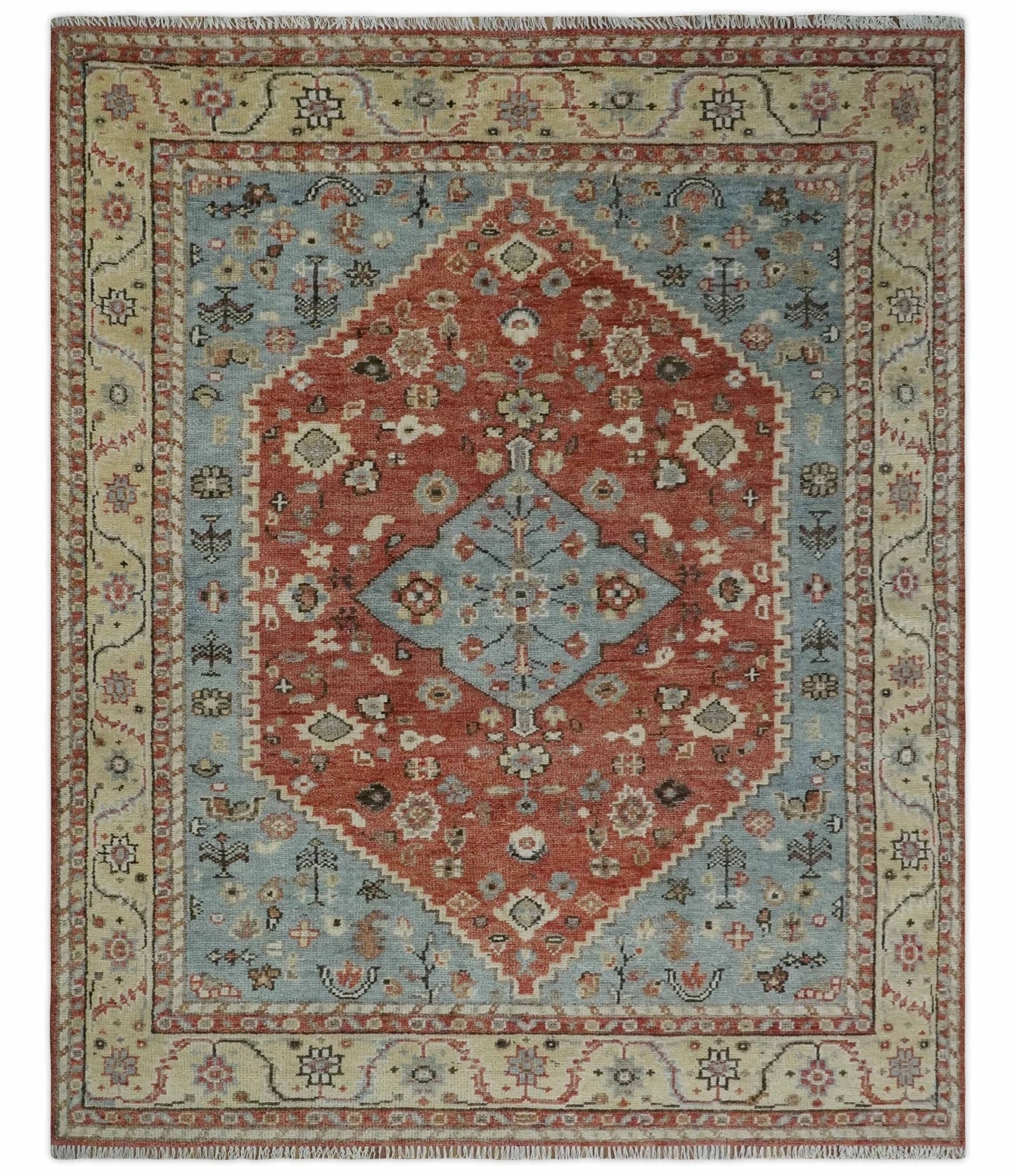 Alfombra de lana anudada a mano de 8 x 10 pulgadas con diseño floral tradicional en gris, óxido y beige con aspecto antiguo
