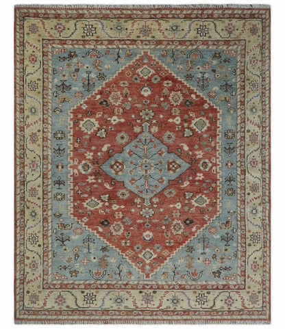 Alfombra de lana anudada a mano de 8 x 10 pulgadas con diseño floral tradicional en gris, óxido y beige con aspecto antiguo