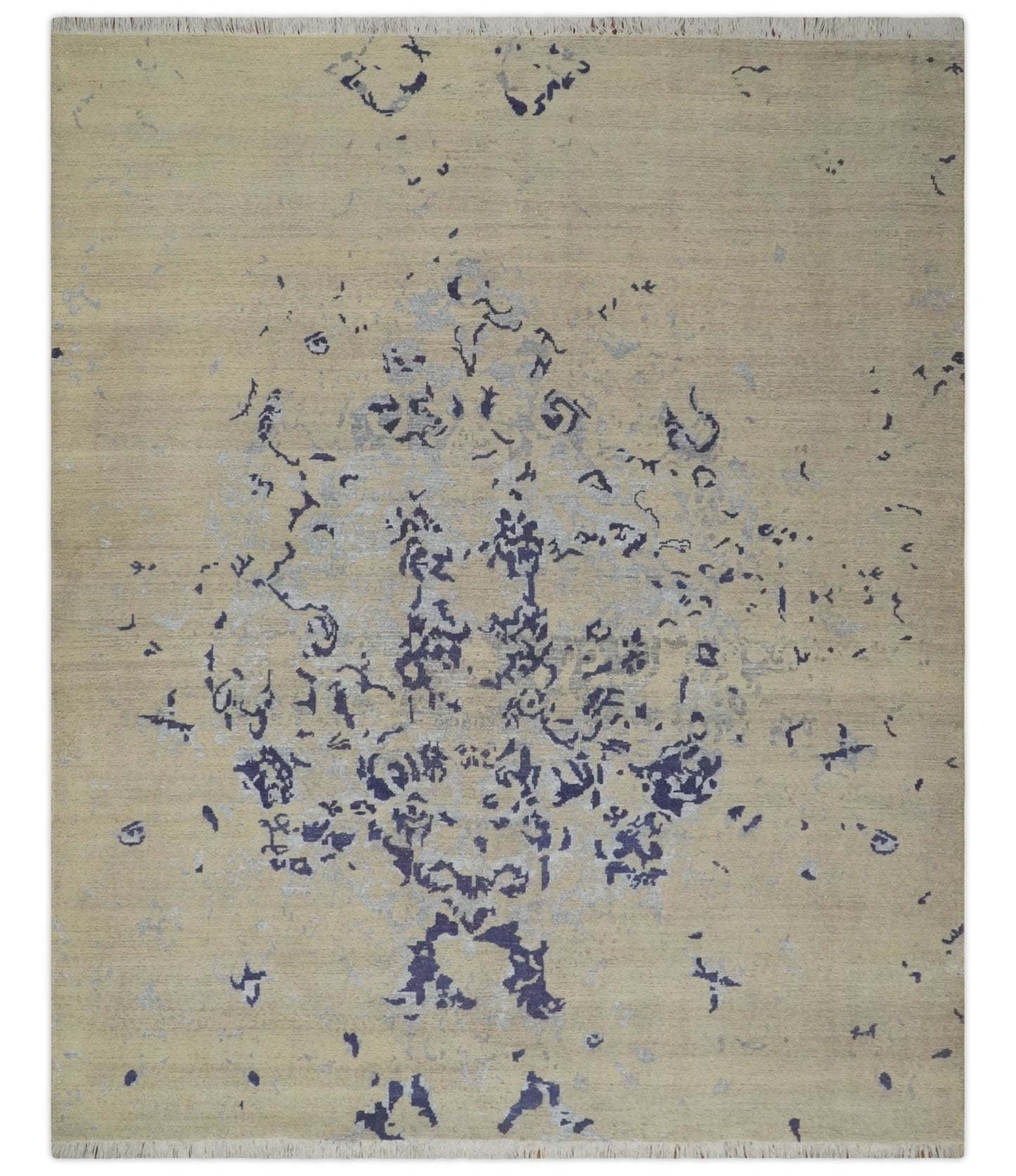 Tapis 8x10 en laine à poils courts, style antique, beige, bleu et argent, à motifs abstraits, noué à la main.