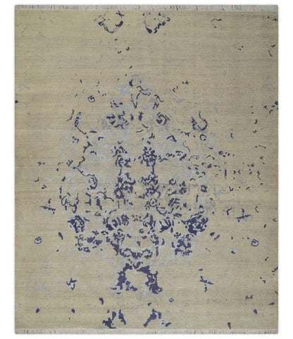 Tapis 8x10 en laine à poils courts, style antique, beige, bleu et argent, à motifs abstraits, noué à la main.