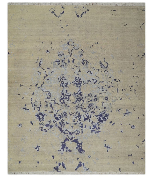 8x10 Beige, Blue and Silver Antique Style, Abstract Hand Knotted Low pile Wool Area Rug - Tampa Home & Garden Store