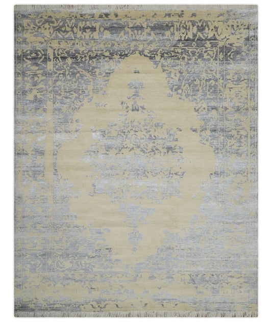 8x10 Beige, Charcoal and Silver Traditional Medallion Hand Knotted Wool and Bamboo Silk Area Rug - Tampa Home & Garden Store
