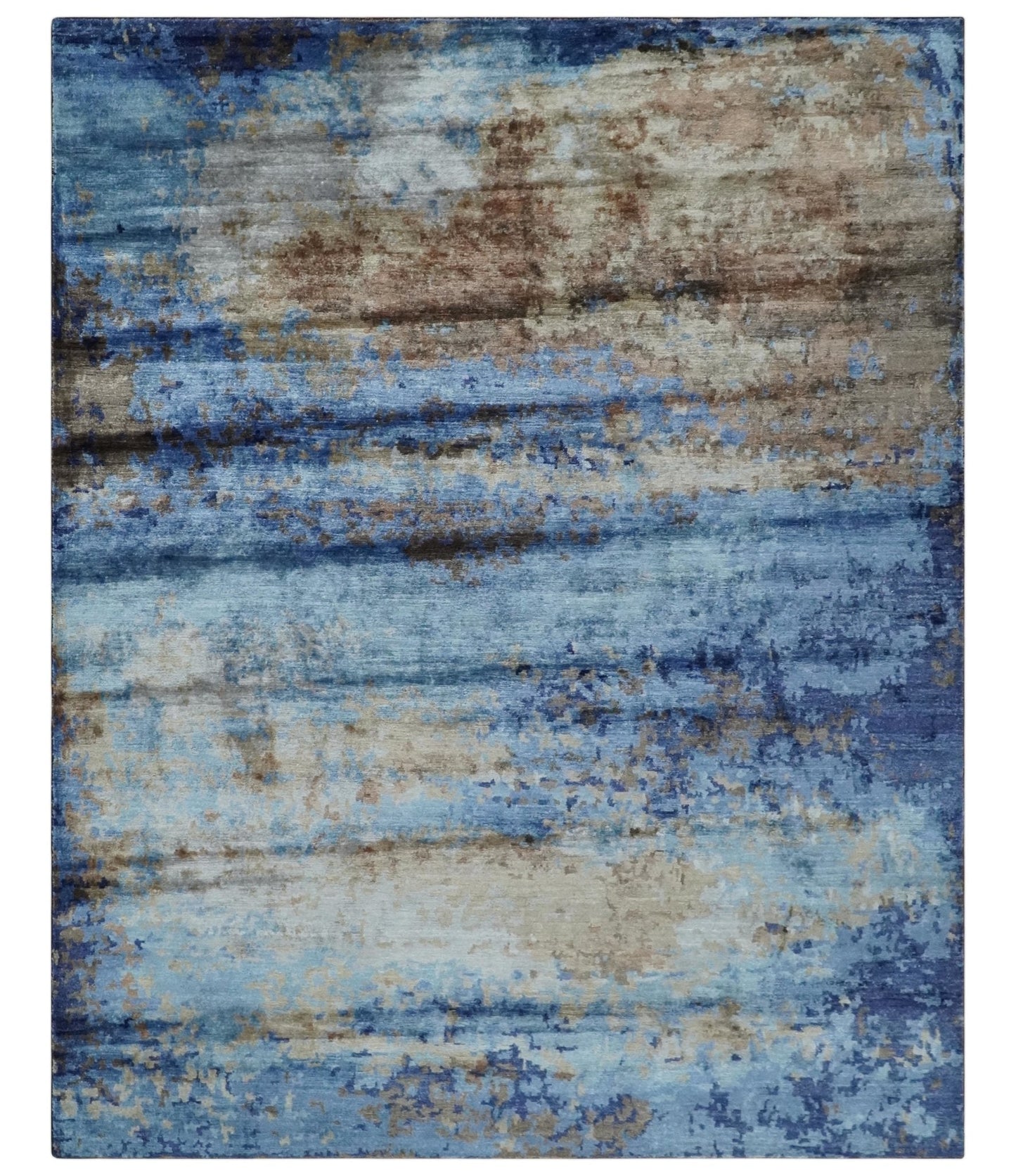 Alfombra de seda de bambú y lana anudada a mano, abstracta, moderna, de 8 x 10 pulgadas, en azul, beige y marrón