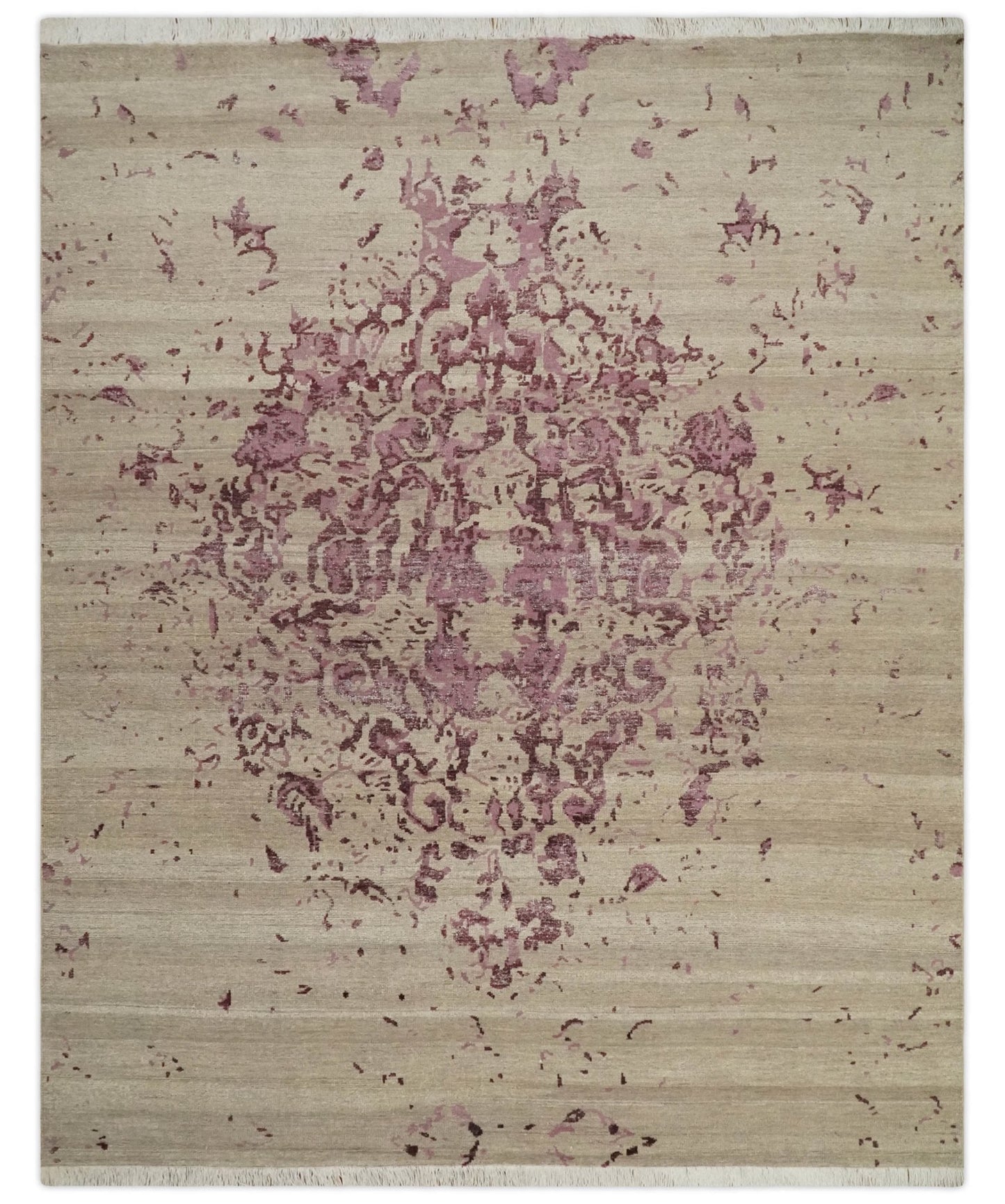 Alfombra de lana de pelo corto, anudada a mano, abstracta, estilo antiguo, color camello y morado, de 8 x 10 pulgadas
