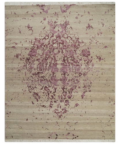 Alfombra de lana de pelo corto, anudada a mano, abstracta, estilo antiguo, color camello y morado, de 8 x 10 pulgadas
