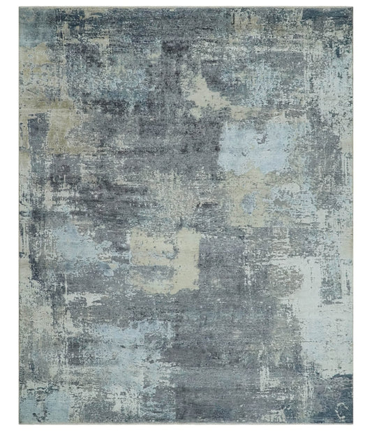 8x10 Charcoal, Beige and Gray Modern Abstract Distressed Finish High Low texture Hand Knotted Rug - Tampa Home & Garden Store