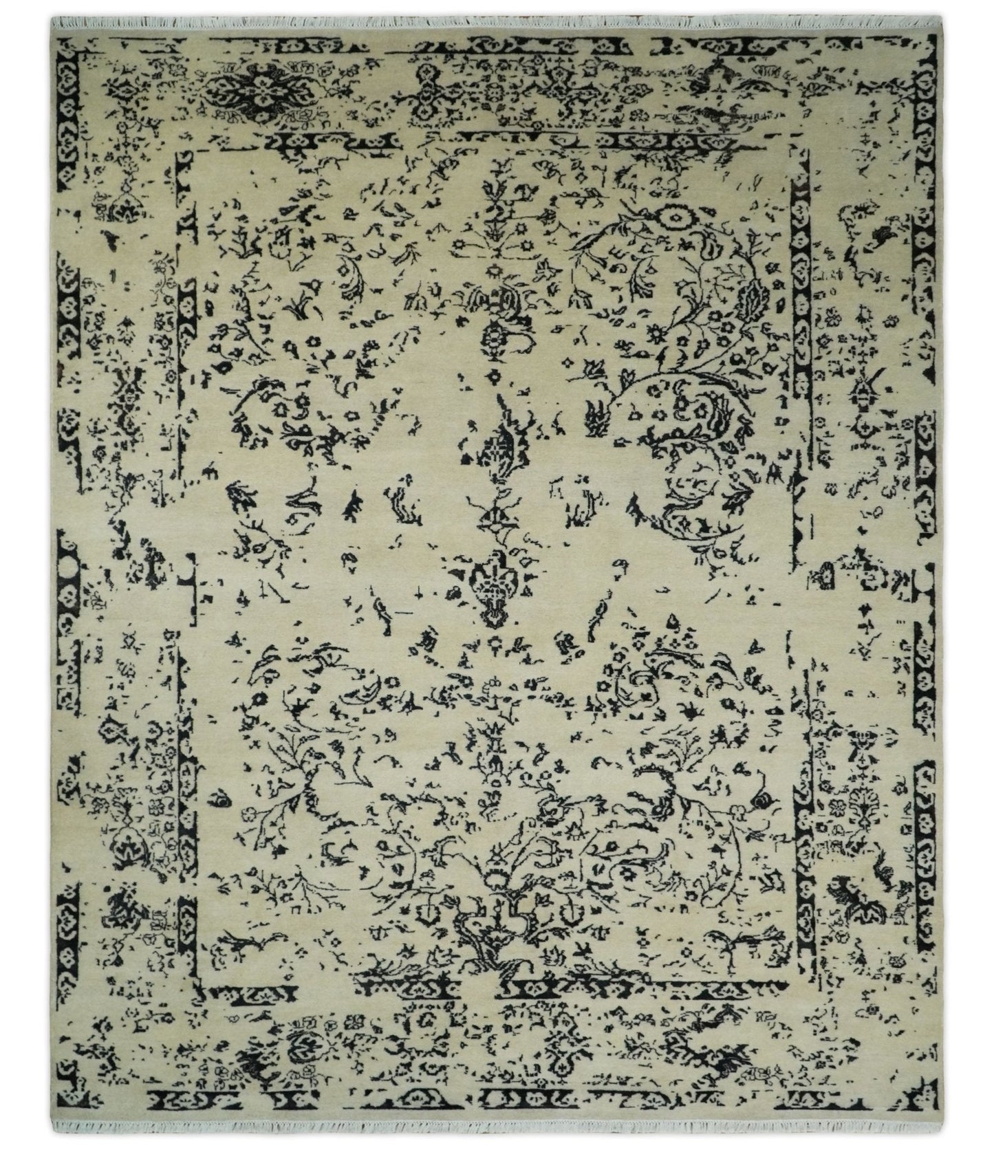 Alfombra persa antigua de lana, fina, anudada a mano, en beige y negro, 8x10 | AGR35