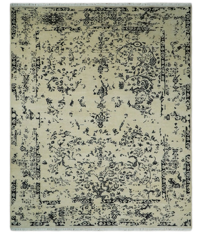 Alfombra persa antigua de lana, fina, anudada a mano, en beige y negro, 8x10 | AGR35