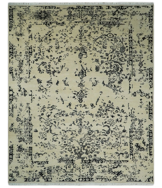 8x10 Fine Hand Knotted Beige and Black Traditional Vintage Persian Antique Wool Rug | AGR35 - Tampa Home & Garden Store