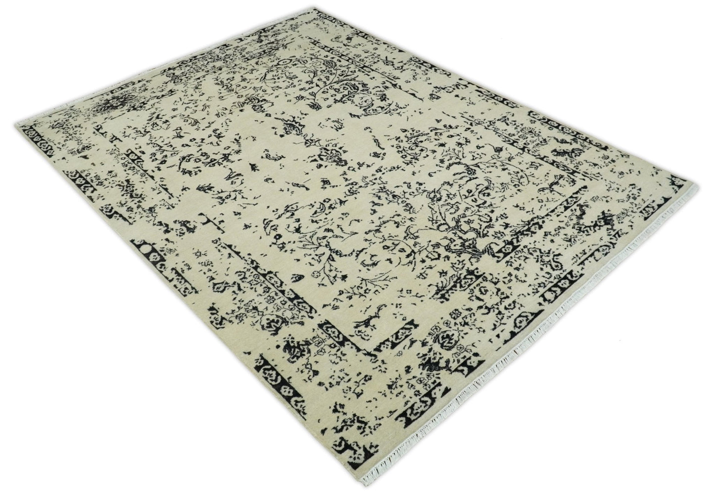 Alfombra persa antigua de lana, fina, anudada a mano, en beige y negro, 8x10 | AGR35