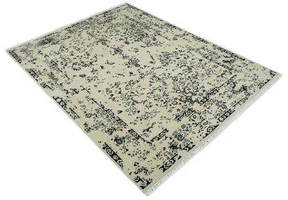 Alfombra persa antigua de lana, fina, anudada a mano, en beige y negro, 8x10 | AGR35