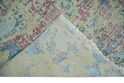 Alfombra antigua de lana y seda, de estilo abstracto moderno, beige y azul, fina, anudada a mano, de 8 x 10 pulgadas | AGR37