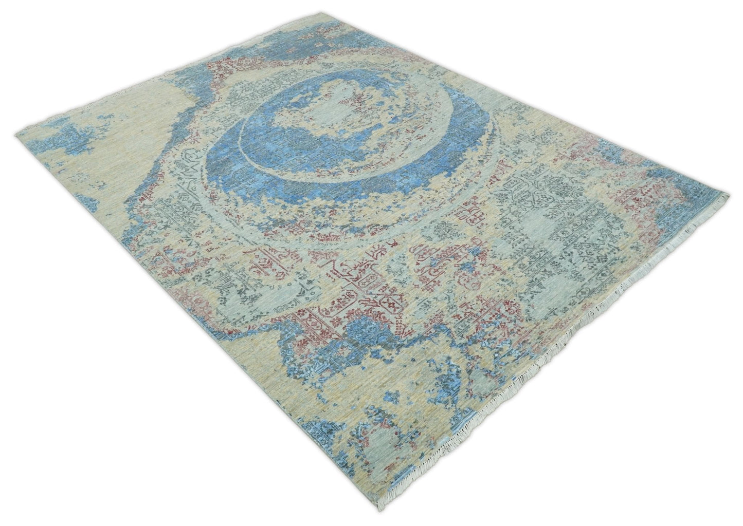 Alfombra antigua de lana y seda, de estilo abstracto moderno, beige y azul, fina, anudada a mano, de 8 x 10 pulgadas | AGR37