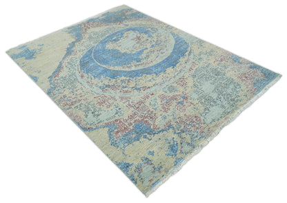 Alfombra antigua de lana y seda, de estilo abstracto moderno, beige y azul, fina, anudada a mano, de 8 x 10 pulgadas | AGR37