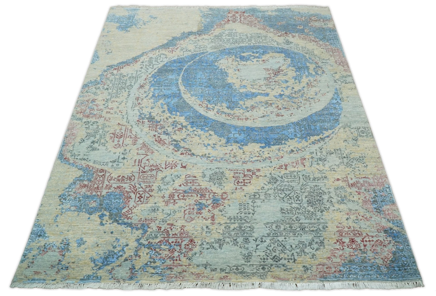 Alfombra antigua de lana y seda, de estilo abstracto moderno, beige y azul, fina, anudada a mano, de 8 x 10 pulgadas | AGR37
