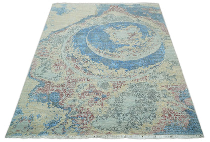 Alfombra antigua de lana y seda, de estilo abstracto moderno, beige y azul, fina, anudada a mano, de 8 x 10 pulgadas | AGR37