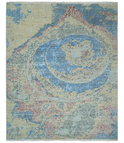 Alfombra antigua de lana y seda, de estilo abstracto moderno, beige y azul, fina, anudada a mano, de 8 x 10 pulgadas | AGR37