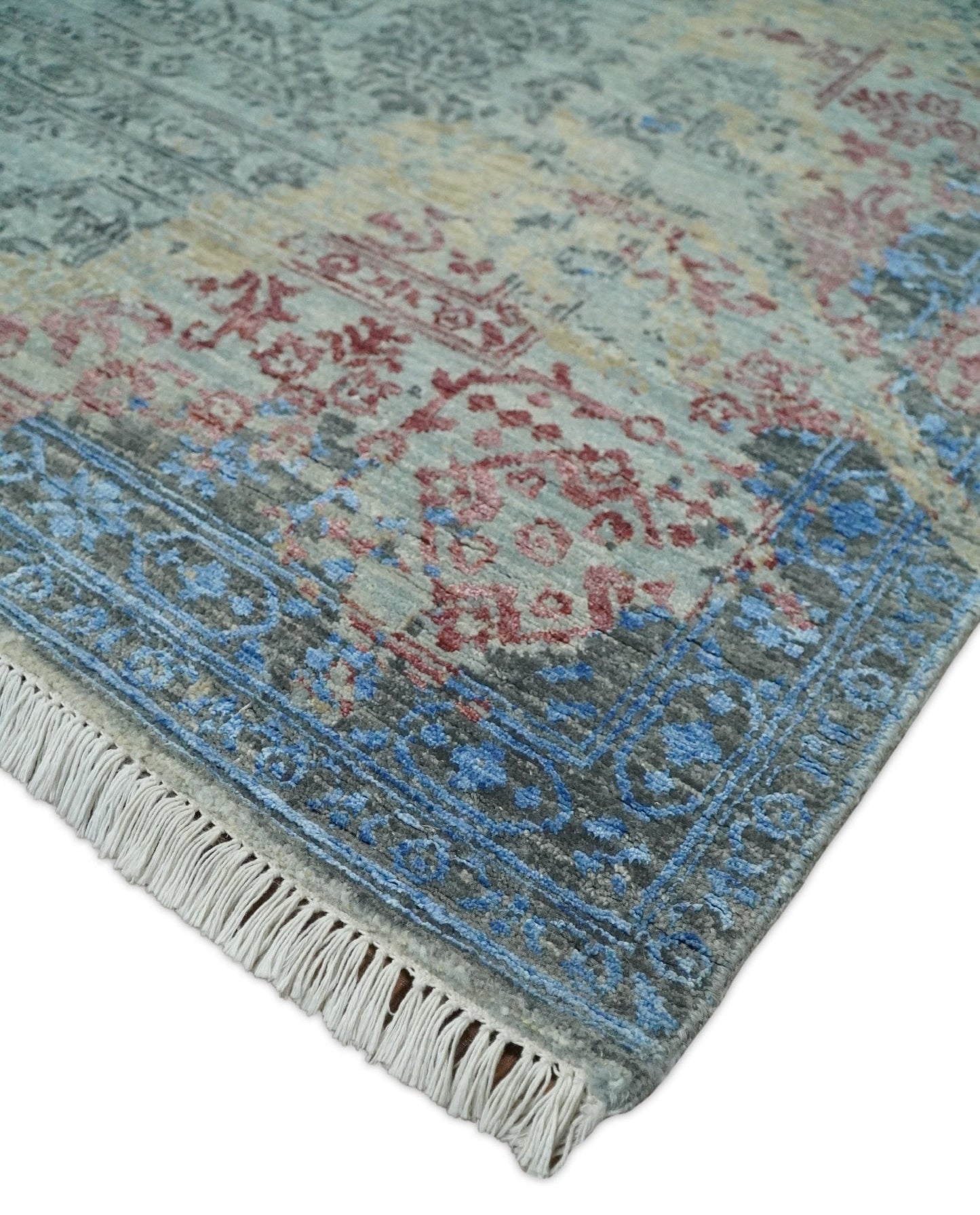 Alfombra antigua de lana y seda, de estilo abstracto moderno, beige y azul, fina, anudada a mano, de 8 x 10 pulgadas | AGR37